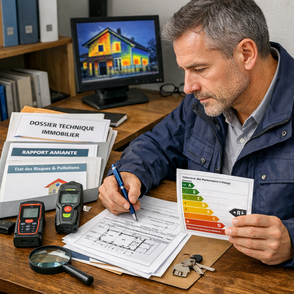 Expert diagnostiqueur immobilier analysant un dossier technique avec des documents et outils de mesure